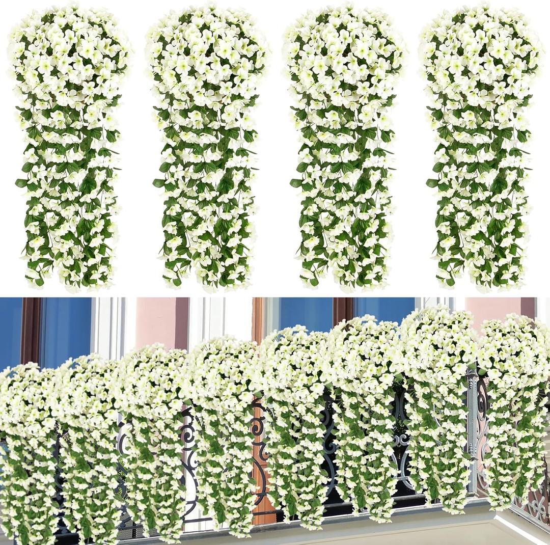 Ouddy Decor 4 Pcs Artificial Hanging Flowers Fake Hanging Plants Violet Flowers Vine Garland for Home Indoor Outdoor Garden Patio Porch Yard Wedding Decoration, White