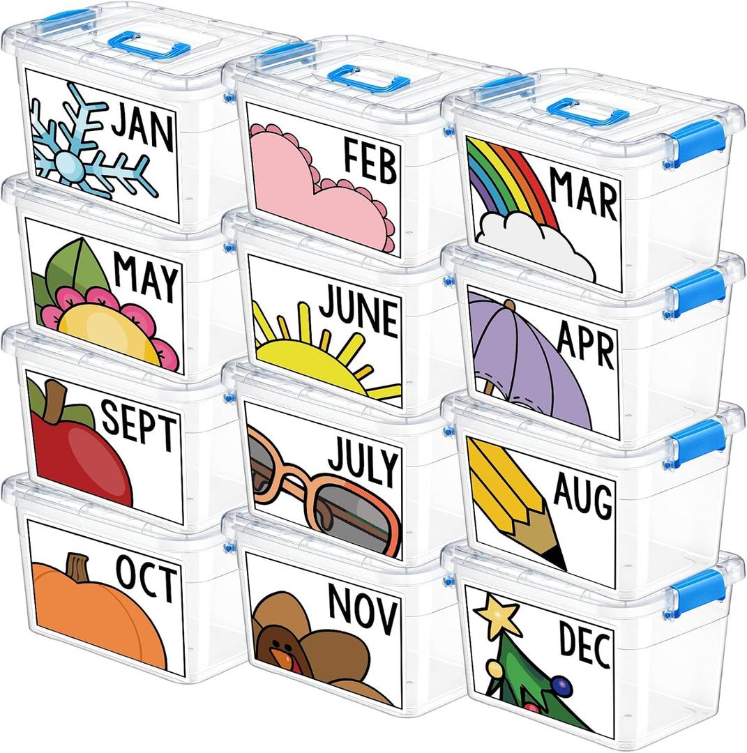 Wesiti 12 Pcs Monthly Classroom Storage Bins, 14 Qt Teacher Must Have Book Boxes with Monthly Stickers Labels, Back to School Classroom Treasure Boxes Organization Container, 12.6 x 8.66 x 7.48 Inches