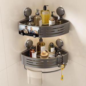 Corner Shower Caddy Suction Cup Shower Shelf Corner No Drilling Bathroom Shower Organizer Storage Rack Adhesive with Towel Bar Hooks (2-Pack,Gray)