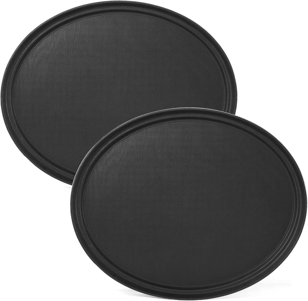 CURTA 2-Pack Restaurant Grade Non-Slip Tray, NSF, Oval 19-Inch x 23-Inch, Plastic Rubber Lined Round Serving Tray, Black (23" x 19" x 1", Black-Oval)