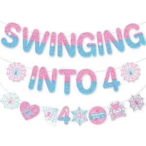 Spider 4th Birthday Decorations Banner - Pre-strung Swinging into 4 Garland with Spider Web and Stars, Pink Blue Ready-to-Hang Party Supplies for Kids Girls 4 Year Old Birthday