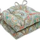 Pillow Perfect Paisley Indoor/Outdoor Chairpad with Ties, Reversible, Tufted, Weather, and Fade Resistant, 15.5" x 16", Blue/Multi Pretty, 2 Count