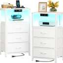 Casaottima Night Stand Set 2, Bedside Tables with Charging Station, LED Nightstand with Fabric Drawers, End Tablewith Open Shelf, Small Nightstand for Bedroom, White
