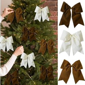 15 Pcs Velvet Bows for Christmas Tree - 6 Inch Vintage Velvet Ribbon Christmas Bows for Gift Wrapping Xmas Tree Topper Bow Ornaments for Garland Wreath Bows Decor (Cream,Brown)