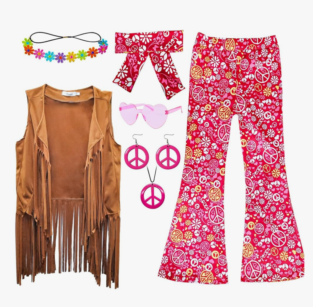 8 Pcs Girls Kids 60s 70s Hippie Costume Disco Outfits Fringe Vest Boho Bell Bottoms Hippie Outfits Accessories Set 2XL