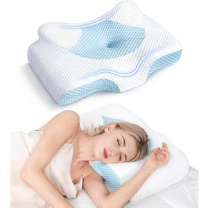 Osteo Cervical Pillow for Neck Pain Relief, Hollow Design Odorless Memory Foam Pillows with Cooling Case, Adjustable Orthopedic Bed Pillow for Sleeping, Support for Side Back Sleepers, Standard High (24.5*16.5*5.2/4.1 inches), Blue