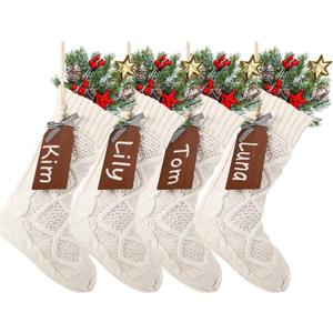Aoriher Large Christmas Stockings with DIY Name Tags, 18 Inch Knitted Stockings Xmas Stocking Decorations with Christmas Stocking Tags for Family Decor(Style A,White)