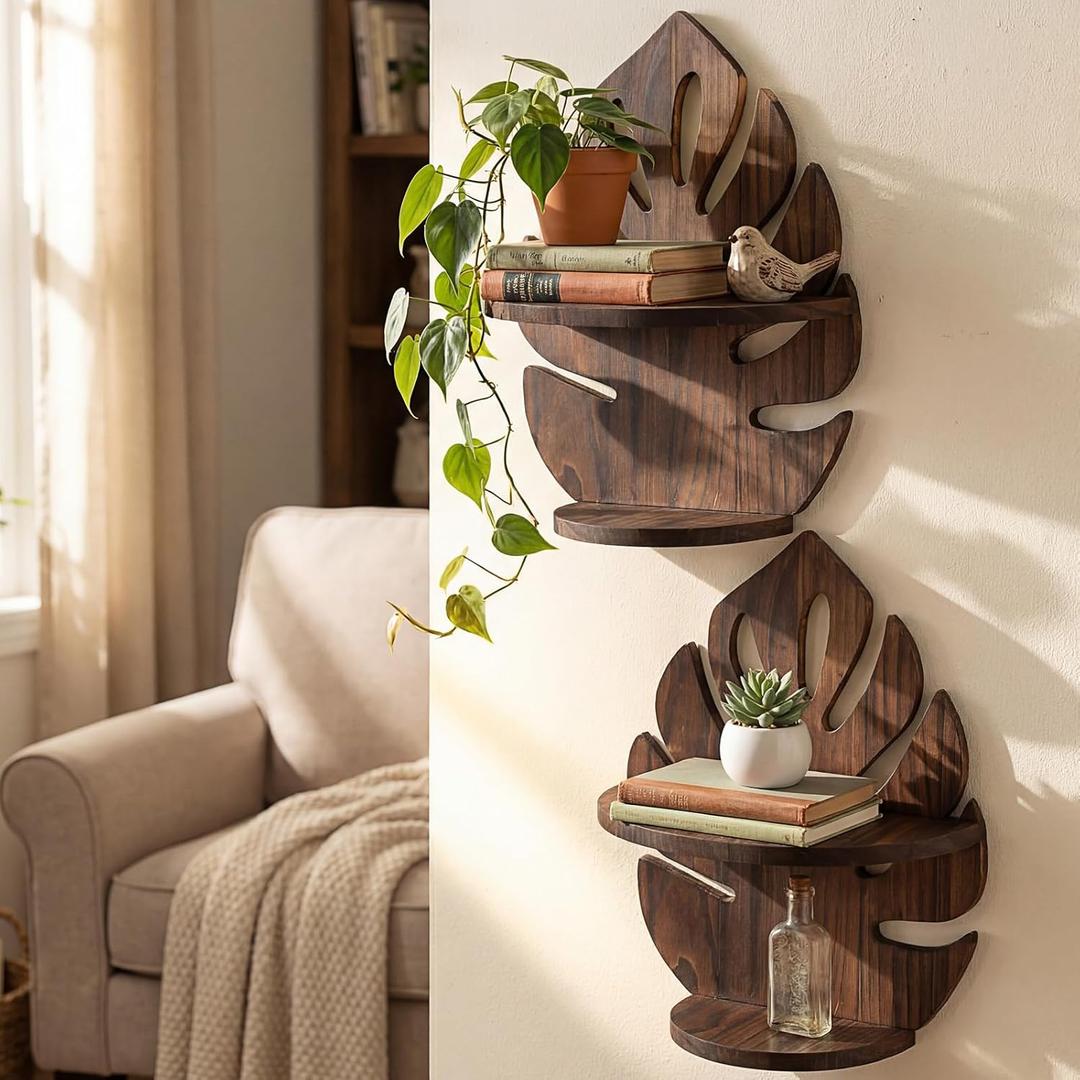 2 Pack Double Layer Palm Leaf Wall Shelves 15.8 x 12.4 Inch Wooden Hanging Shelves with Vintage Hollow Design, Tropical Wall Art for Living Room, Kitchen, Bedroom, Office Decor