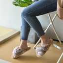 Parlovable Women's Fuzzy Slippers Comfy Cross Band House Shoes Memory Foam Open Toe Indoor Gifts for Ladies (7-8, Tip Camel)