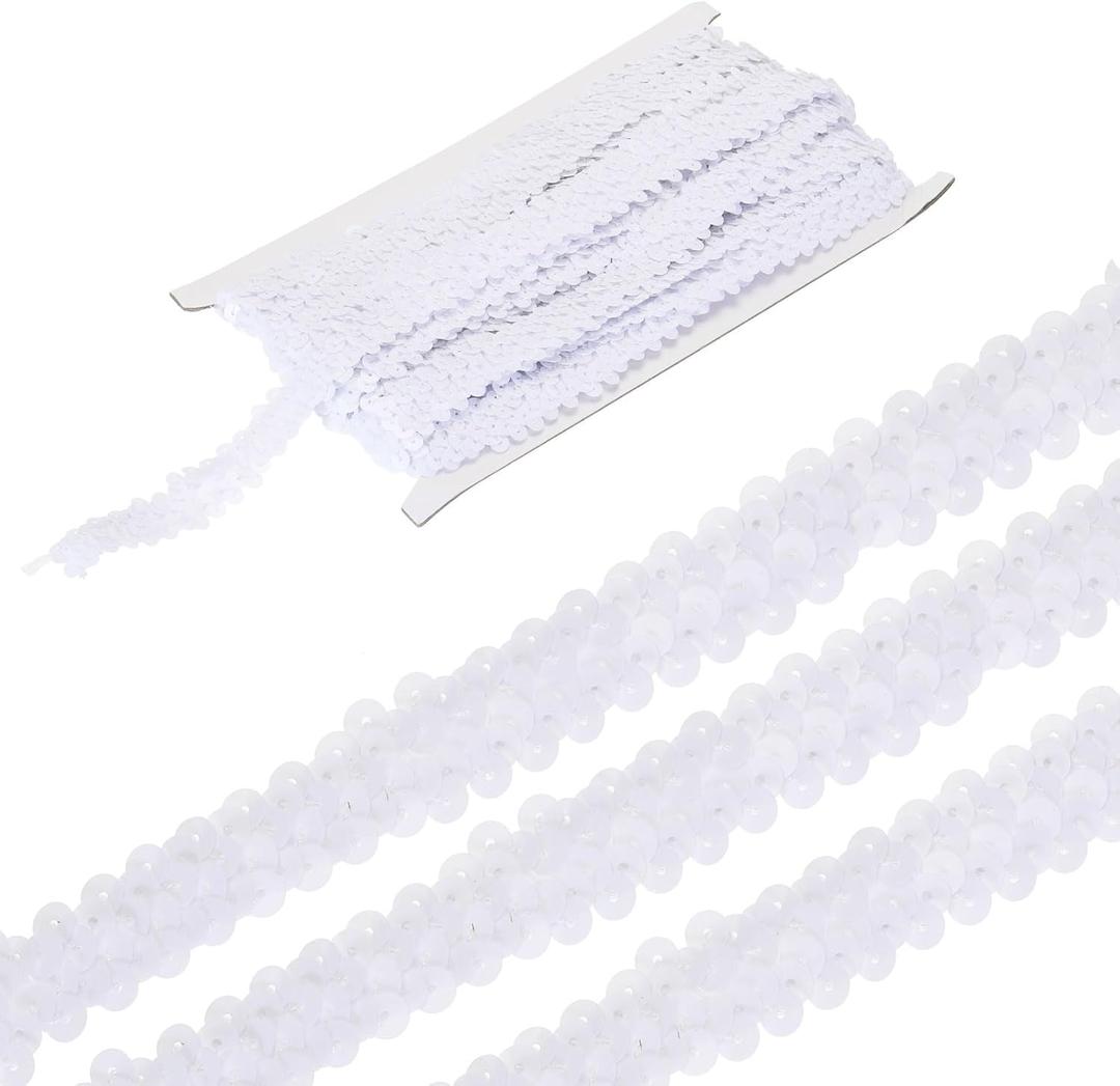 MECCANIXITY 11 Yards 0.8 Inch Elastic Sequins Trim 2 Row Flat Sequin Strip Paillette Sequins Fabric Ribbon for Crafts DIY Sequin Fringe Sewing White