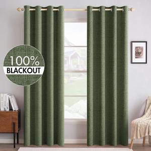 MIULEE 100% Blackout Linen Textured Curtains for Bedroom Solid Thermal Insulated Olive Green Grommet Room Darkening Curtains & Drapes Luxury Decor for Living Room Nursery 52 x 96 Inch (2 Panels)