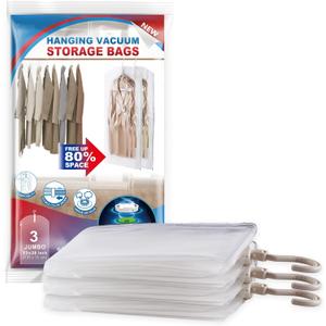 Hanging Vacuum Storage Bags, 3 Pack Large Hanging Vacuum Seal Bags for Clothing, Space Saver for Clothes, Jackets, Closet Organizer for Moving Supplies(53.1x27.6 in)