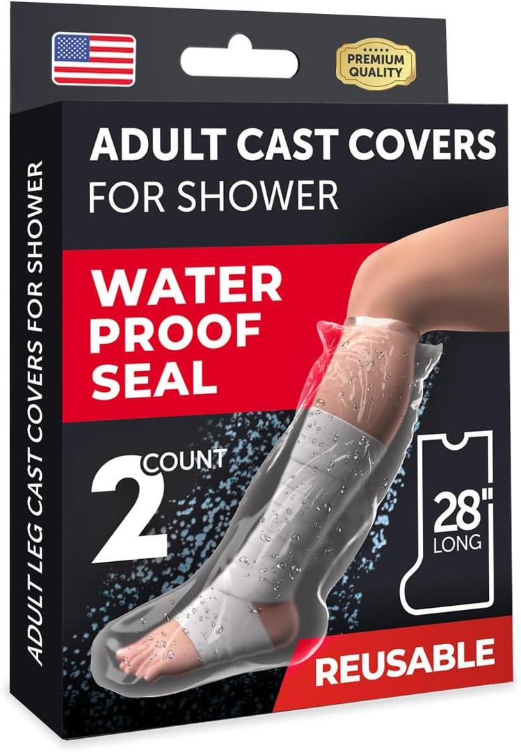 100% Waterproof Cast Covers for Shower Leg - 2pk - Tight Seal - Reusable Adult Half Leg Cast Protectors - Knee, Ankle, Foot - After Surgery Bandage and Dressing Cast Bag for Wounds and Burns