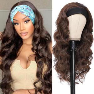 xccoco Brown HeadBand Wigs for Women Long Wavy Headband Wigs 24inch Put On and Go Glueless Wig Loose Curly Synthetic Half Wig Natural Looking Long Wigs for Women 200% Density