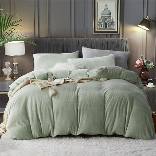 YASMENG Fluffy Velvet Duvet Cover Set Sage Green Queen Size Fall Winter Soft Warm Flannel Comforter Cover Light Green 90" x 90" Luxury Cozy Plush Fleece Full Reversible Bedding Duvet Cover Set 1Pcs