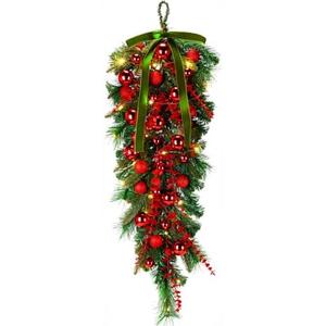 Seenelling 36 Inch Green Extra Long Valentines Teardrop Swag with Lights Red Balls Velvet Bows Cedar Teardrop Wreath Ornaments Valentines Decorations for Indoor Outdoor Stairs Hanging Doors Tables