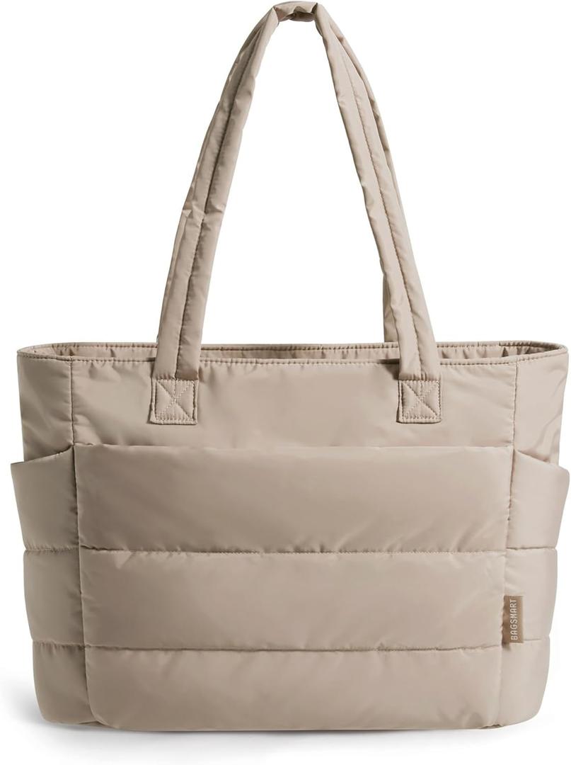 BAGSMART Tote Bag for Women, Lightweight Puffy Tote Bag with Compartments Quilted Shoulder Bag Handbag for Travel, Work, Gym (Standard Size, C-standard Size-grayish Brown)