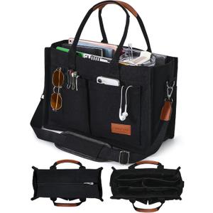 FIORETTO Canvas Tote Bag for Women with Zipper Closure & Individual Compartments for Work College for Teacher & Nurse (X-Large, Black&brown)