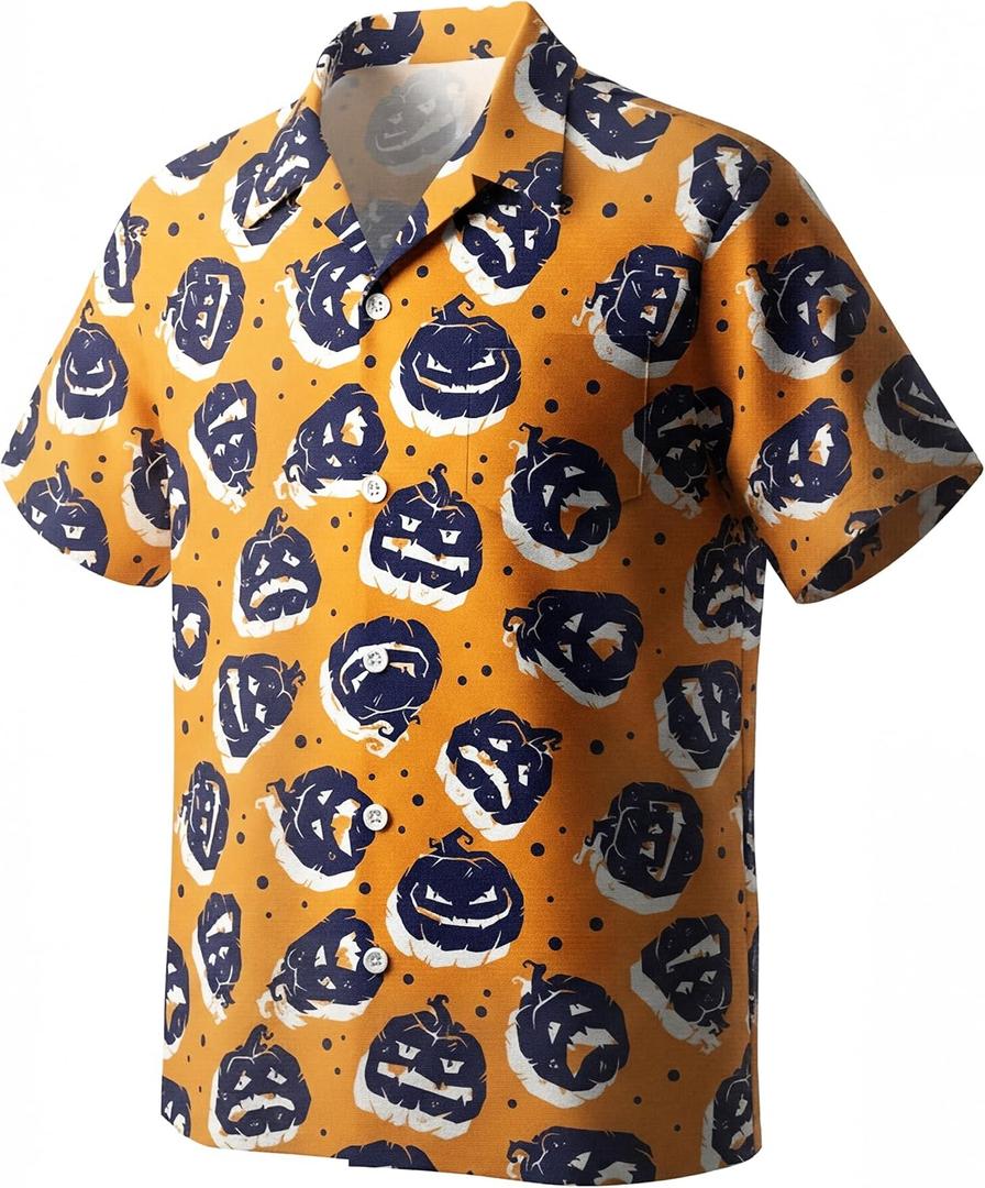 Men Halloween Shirt Fun Pumpkin Print Button Up Shirts Casual Hawaiian Short Sleeve Shirt Holiday Aloha Shirts (Orange, XL)