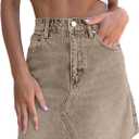 imesrun Womens Mini Denim Skirts Causal High Waisted Cute Asymmetrical Hem Summer Short Jean Skirts with Pockets (6, Khaki)