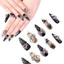 Gothic Press On Nails with Bow & Skull - Handmade Black Pink French Tip Fake Nails | Rhinestone Jelly Glue Reusable 3D Nails for Women (Black Pink, XS)