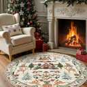 jinchan Round Christmas Rug for Living Room 5ft Circle Holiday Rug for Bedroom Printed Christmas Tree and Cabin 5'Winter Xmas Decor Washable Indoor Carpet for Dining Room Foyer Non-Slip Cabin Tails Maroon