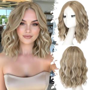 Eawwii Ash Blonde Mix Platinum Short Wavy Wig for Women Lace Hairline Bob Style Synthetic Heat Resistant - Natural Appearance for Everyday Hairstyle 14 Inch