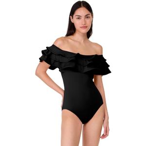 kate spade new york Women's Solid Ruffle One Piece (Black, M)