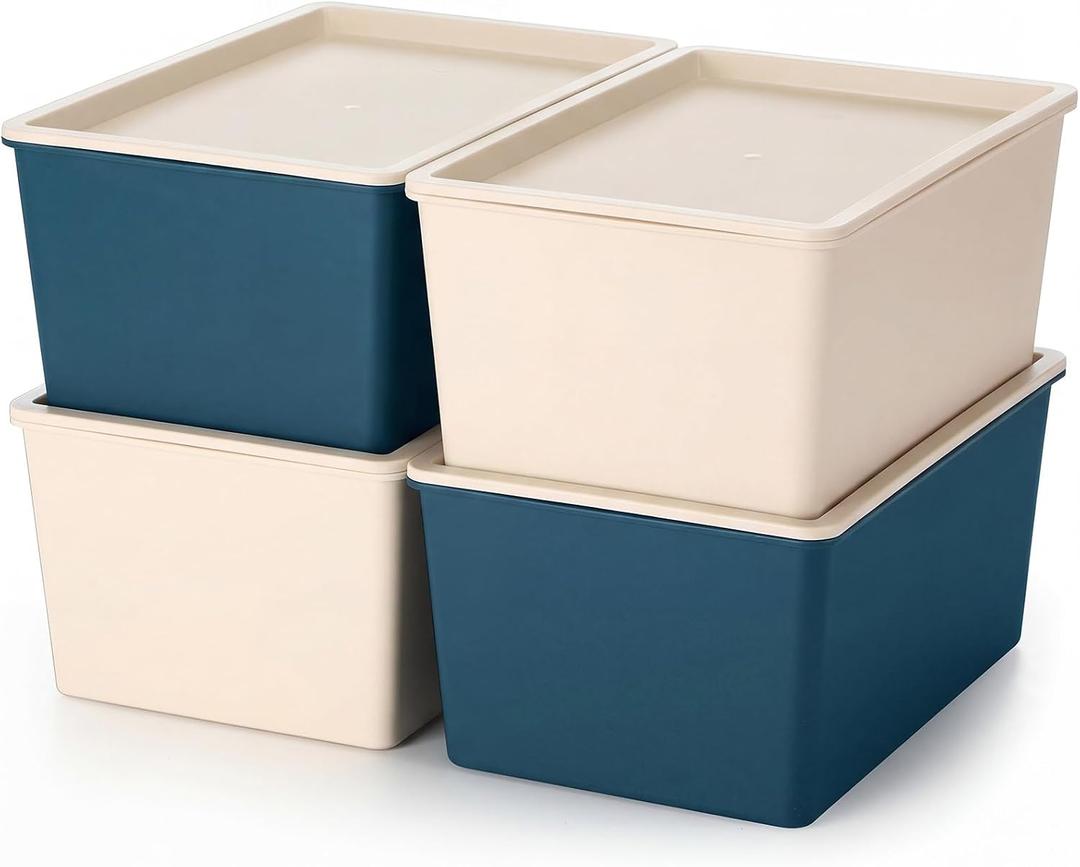 4 Pcs Storage Bins with Lids, Beige, Blue, Small | Plastic Stackable Organizing Containers, Heavy Duty Storage Boxes for Classroom Room Shelves, Christmas Ornaments Baskets