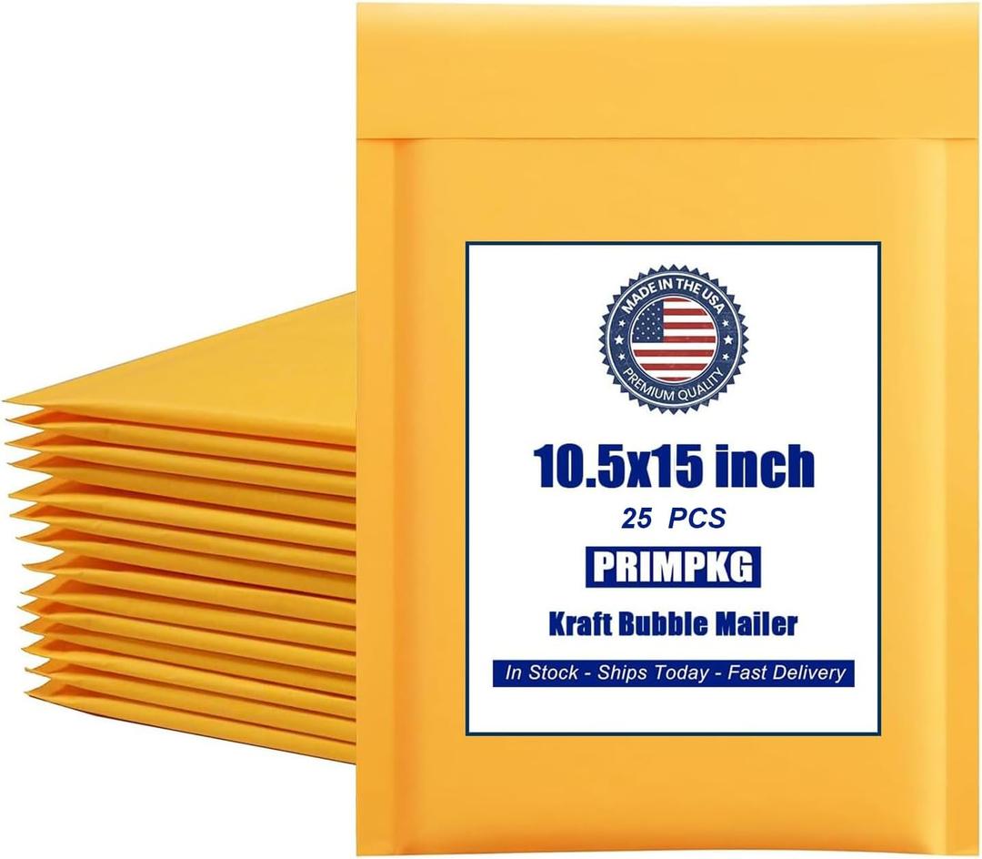 Bubble Mailer Envelopes, 25 Pack Kraft Padded Envelopes, Large Bubble Mailers 10.5x15 Inch, Self-Seal Shipping Envelope, Tear-Resistant Mailing Envelope Padded