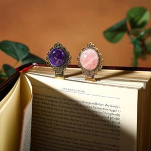 2Pcs Vintage Natural Crystal Stone Bookmark-Fantasy,Cute,Unique Bookmarks,Rose Quartz & Amethyst Brass Metal Book Mark for Reading Women,Men,Book Lovers,Girls and Teachers(Rose Quartz&Purple)