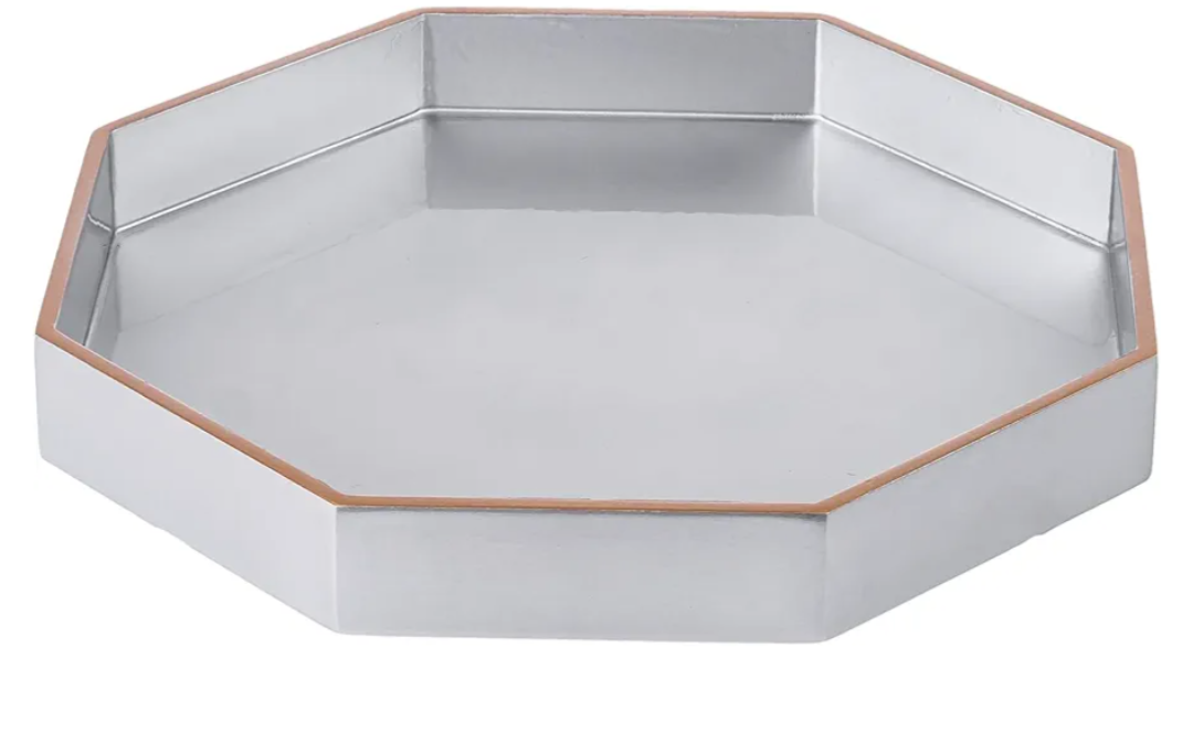 PEMAR 12.2" Octagonal Lacquer Serving Tray Decorative Basket Tray for Breakfast, Dinner, Coffee Table Decor (Silver)