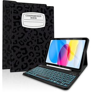 TopPerfekt for Bluetooth Keyboard iPad 10th Gen 10.9 inch (2022) case iPad (A16) 11th/ 10th Gen Case 11'' (2025) with 7-Color Backlights, Pencil Holder, Detachable, Rechargeable-noteLeopard Black