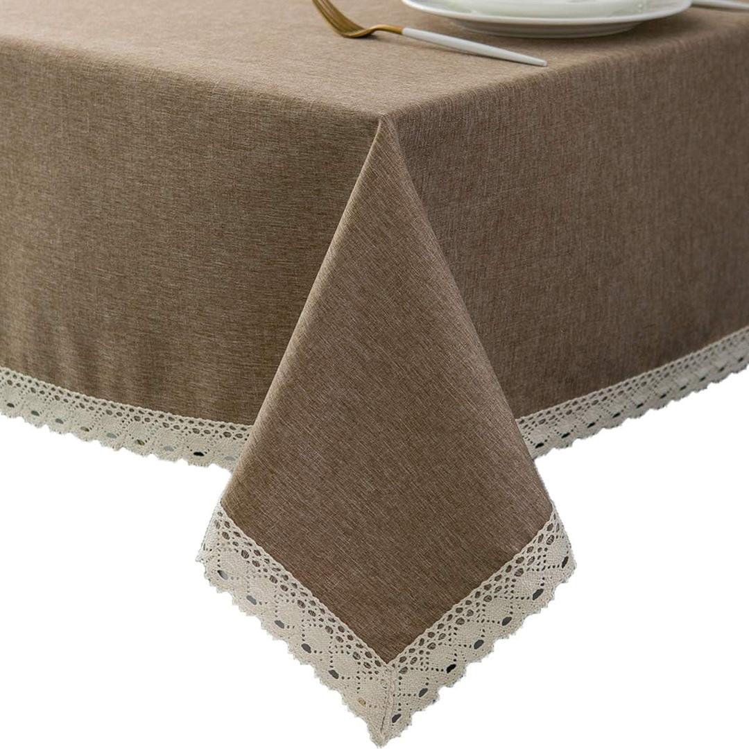 EHouseHome Faux Linen Tablecloth with Lace Trim - Waterproof/Spill Proof/Stain Resistant/Wrinkle Free/Oil Proof - for Banquet, Parties, Dinner,Kitchen,Wedding,Coffee,Holiday,Flax,Square 70X70Inch
