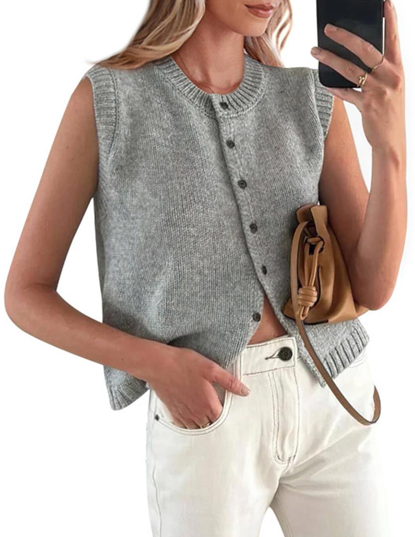 PRETTYGARDEN Sweater Vest Tops for Women 2026 Lightweight Summer Cardigan Sleeveless Button Up Knit Casual Spring Clothes (Grey,XX-Large) (Gray, XXL)