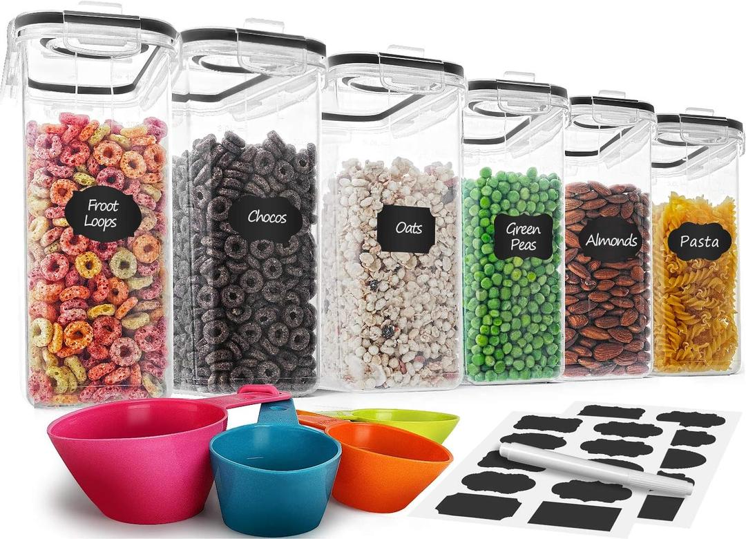 Cereal Container Set, MCIRCO Airtight Food Storage Containers ((4L /135.2oz) Set of 6, Cereal Dispensers with Measuring Tools (Black)