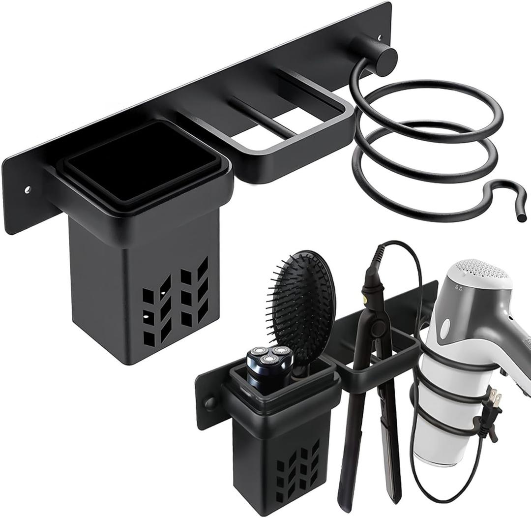 Hair Dryer Holder Wall Mounted, Blow Dryer Rack Holder, Bathroom Bedroom Hair Styling Beauty Care Tools Organizer Storage Basket for Flat Iron, Curling Wand, Hair Straightener (Black)
