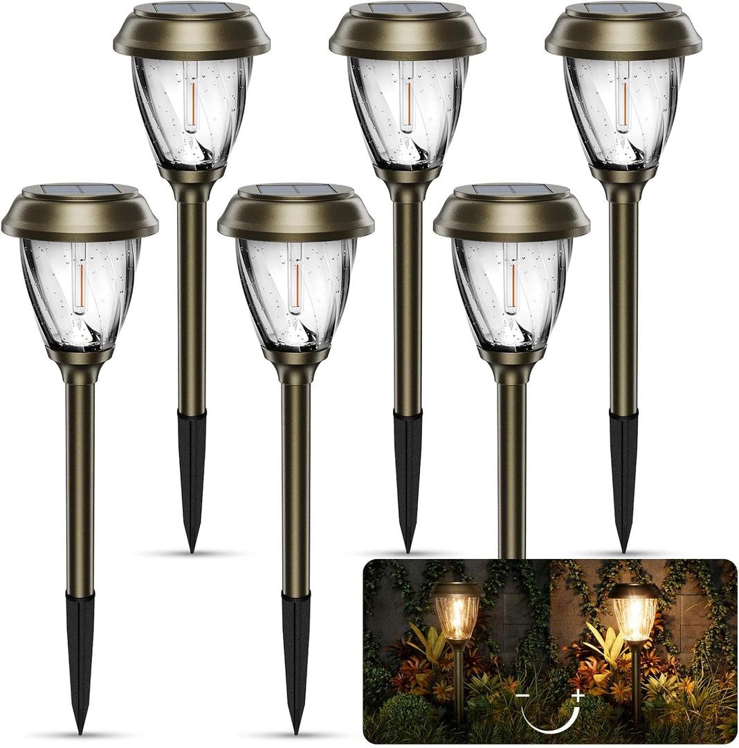 XMCOSY+ Solar Pathway Lights Outdoor, 10/25 LM in 2 Lighting Modes, Glass Stainless Steel Waterproof IP65 Solar Powered Garden LED Lights for Yard Lawn Driveway Walkway Landscape Decor(Warm White) (Bronze)