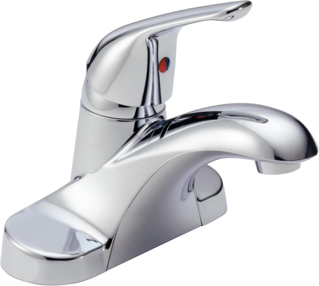 Delta Foundations Centerset Chrome Bathroom Faucet, 4 Inch 3 Hole Bathroom Sink Faucet for Vanity, Metal Push-Pop Drain Assembly, Chrome B501LF