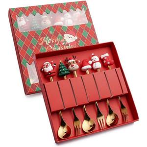 Christmas Cutlery Set of 6 Pieces - 3 Gold Spoons & 3 Forks, Stainless Steel Dessert Utensils with Gift Box for Holiday Party