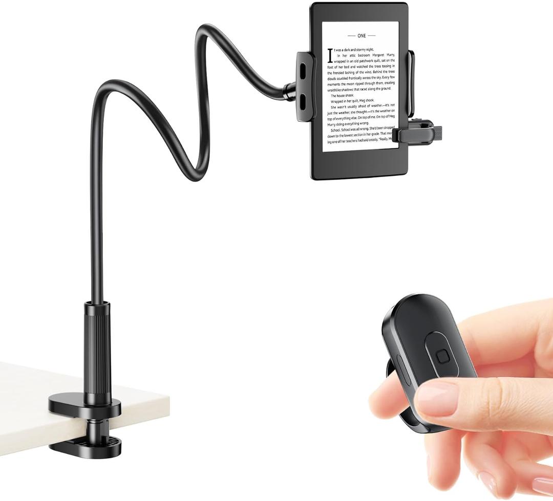 Locthal Kindle Holder with Page Turner Ring, Tablet Holder for Reading Acessories in Bed with Slient Remote Clicker, eReader Stand Compatible with Fire iPad iPhone (Black)