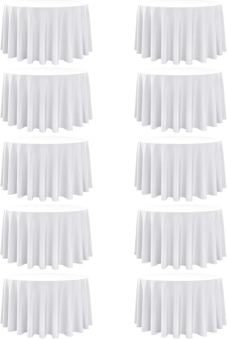 10-Pack White Round Tablecloths, 108 Inches, Stain-Resistant Polyester for 4-5 Ft Round Tables - Washable Table Covers for Weddings, Banquets, Birthday Parties, Events