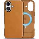 SHIELDON Case for iPhone 16, Genuine Leather Magnetic Wireless Charging Slim Fit Elegant Non-Slip Shockproof Protective Phone Cover with Metal Buttons Compatible with iPhone 16 - Retro Light Brown
