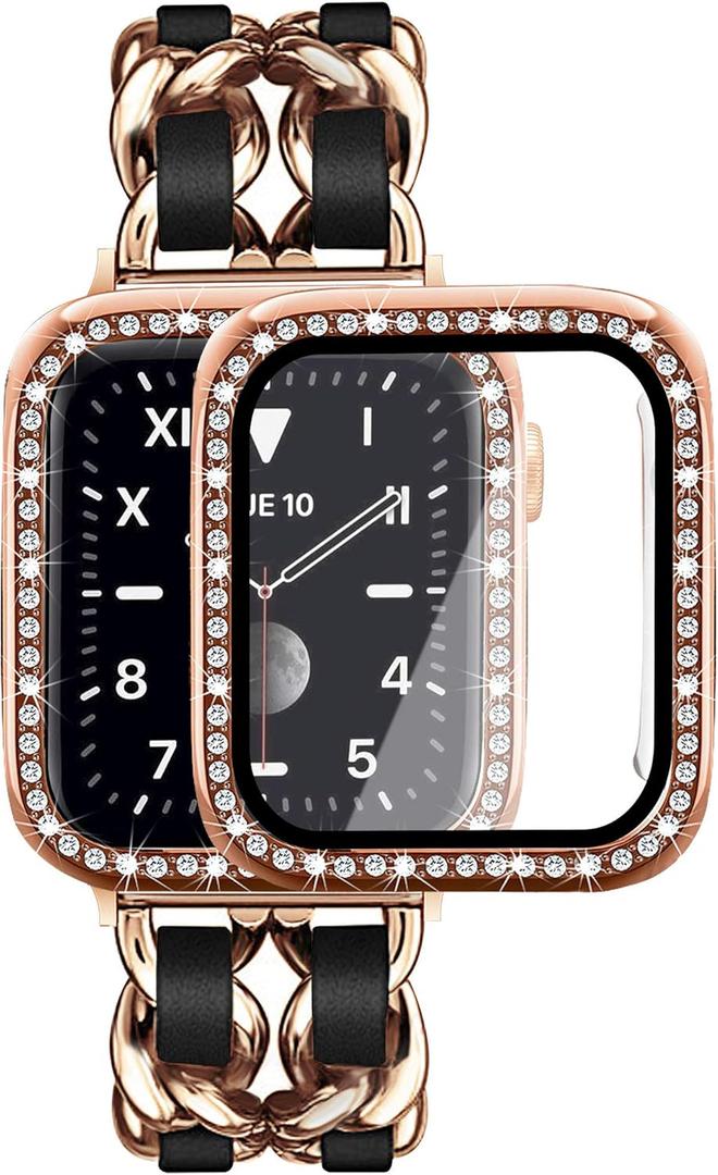 Mosonio Compatible for Apple Watch Band 46mm with Screen Protector Case Women, Jewelry Metal Chain with 2-Pack Bling Cover for iWatch Series 11 10(Rose Gold Link with Black Leather)