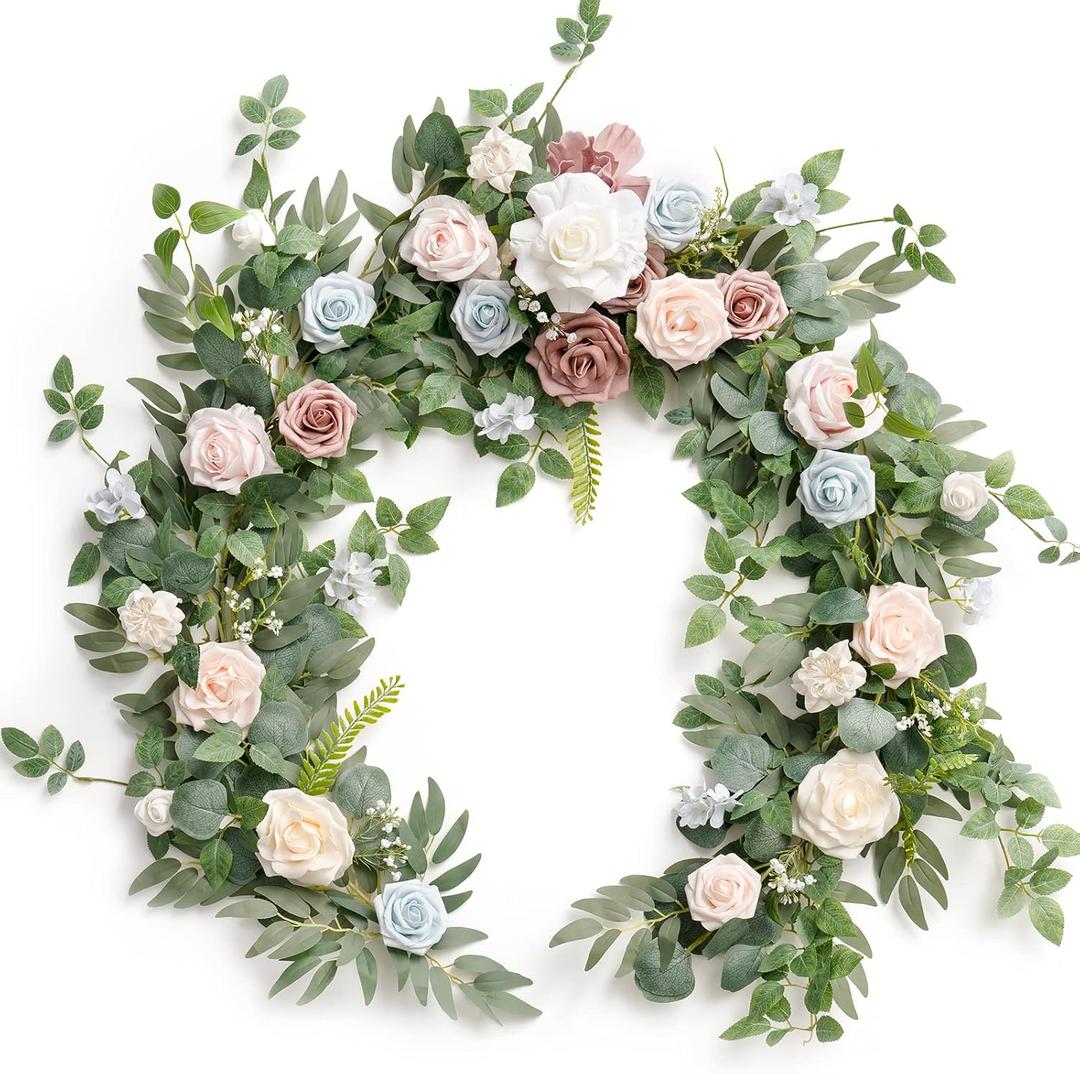 Ling's moment Flower Garland - 6FT Eucalyptus & Rose - Sweetheart Table Decor for Wedding Reception, Artificial Floral Garland for Mantle, Thanksgiving, Christmas Decoration, Blush Powder Blue