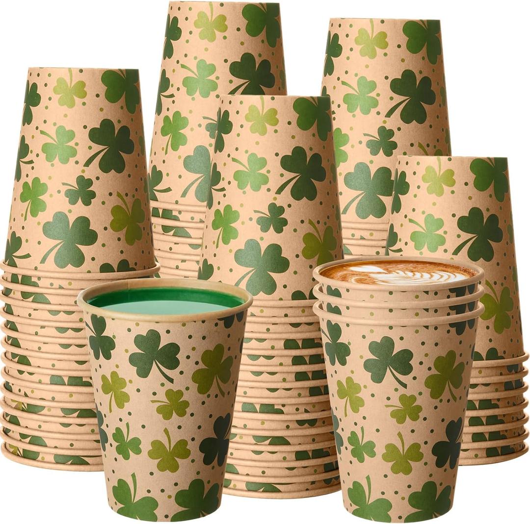 Jingmore 50 Pcs Kraft Paper St. Patrick's Day Shamrock Coffee Cups, 12oz Disposable Irish Green Clover Disposable Beverage Cups for St. Patricks Day, Irish Party, Holiday, Office