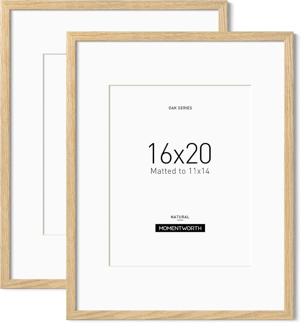 16x20 inches Frame with Mat for 11x14, Solid Oak Wood 16x20 inches Frames for Horizontal & Vertical Wall Mounting (2 Pack, Oak)