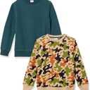 Amazon Essentials Boys' Fleece Crew-Neck Sweatshirts, Pack of 2, Dark Green/ Green Camo, X-Large