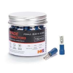 HKS 150PCS Blue Female Vinyl Insulated Spade Connectors, 16-14 AWG (1.5-2.0 mm²) Quick Disconnect Terminals, 2.8 mm (0.11") PVC-Sleeved Tinned Brass Wire Connectors Kit HKS 150PCS Blue Female Vinyl Insulated Spade Connectors, 16-14 AWG (1.5-2.0 mm²) Quick Disconnect Terminals, 2.8 mm (0.11") PVC-Sleeved Tinned Brass Wire Connectors Kit