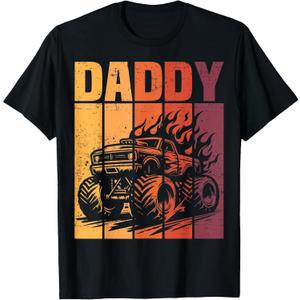 Retro Monster Truck Daddy Matching Family Birthday Party T-Shirt (Large, Black)